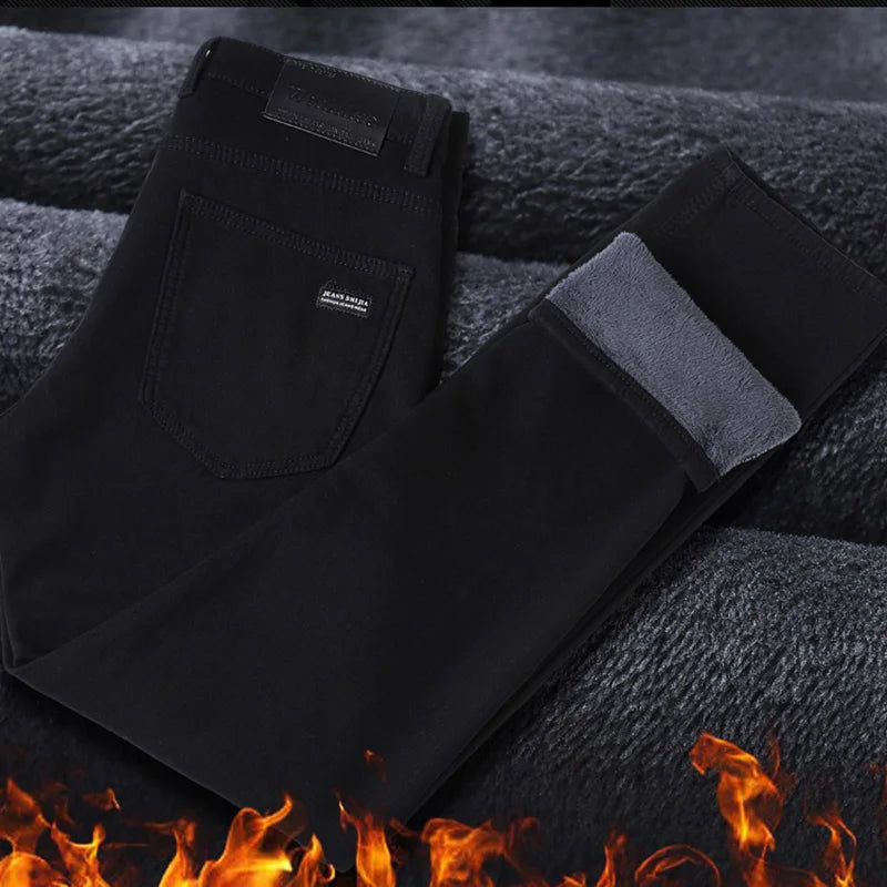 2024 Winter Brand Men Warm Fleece Jeans Fashion Thermal Business Pants Retro Classic Denim Trousers Casual Stretch Slim Jeans.