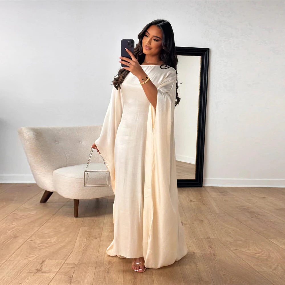 Ramadan Eid Summer Satin Batwing Abaya Dubai Women Islam Muslim Maxi Kaftan Dresses Kebaya Caftan Marocain Robe Femme Musulmane.