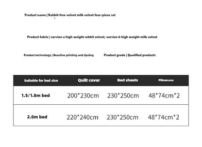 2024 new rabbit velvet milk velvet thickened rabbit fur warm four-piece set, 1.5m 1.8m bed sheet four-piece set.