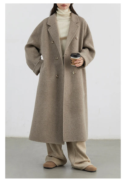 CHIC VEN Frauen Woolen Mantel Zweireiher Grundlegende Lose Beiläufige Retro Neue Lange doppelseitige Weibliche Mantel Herbst Winter 2024