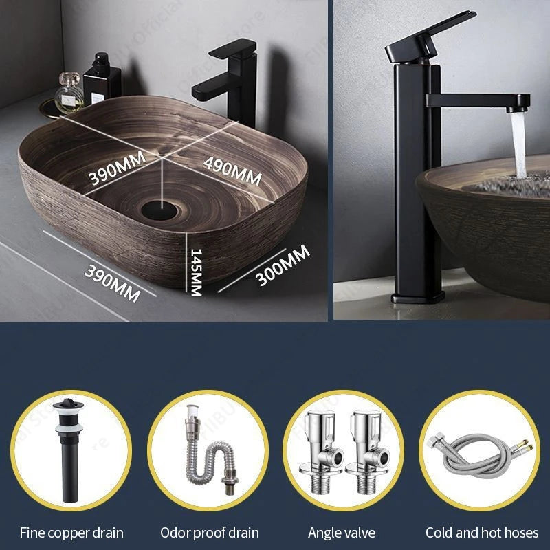 Braunes Keramikgefäß, Waschbecken, Waschtisch, Schüssel, ovaler Badezimmertisch, Waschbecken, Toilette, Balkon, Kunstbecken, über der Theke, Sockelwaschbecken