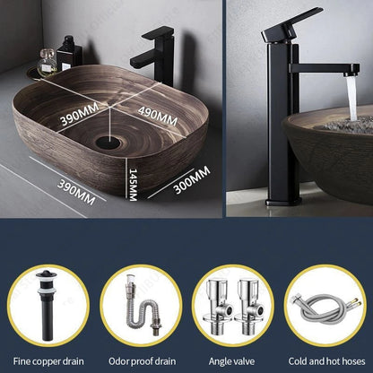 Braunes Keramikgefäß, Waschbecken, Waschtisch, Schüssel, ovaler Badezimmertisch, Waschbecken, Toilette, Balkon, Kunstbecken, über der Theke, Sockelwaschbecken
