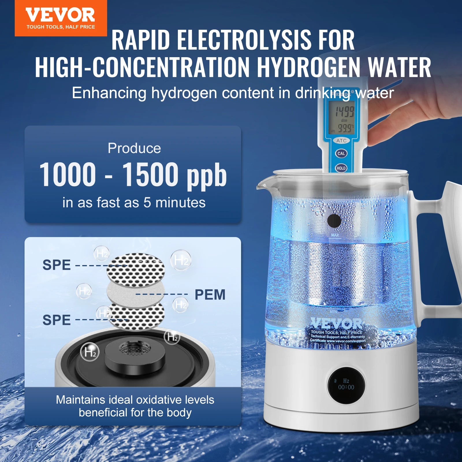 SucceBuy Hydrogen Water Pitcher1.5 L/ 52.8 oz Large Capacity Hydrogen Generator Water Kettle Hydrogen Rich Water Ionizer Machine.