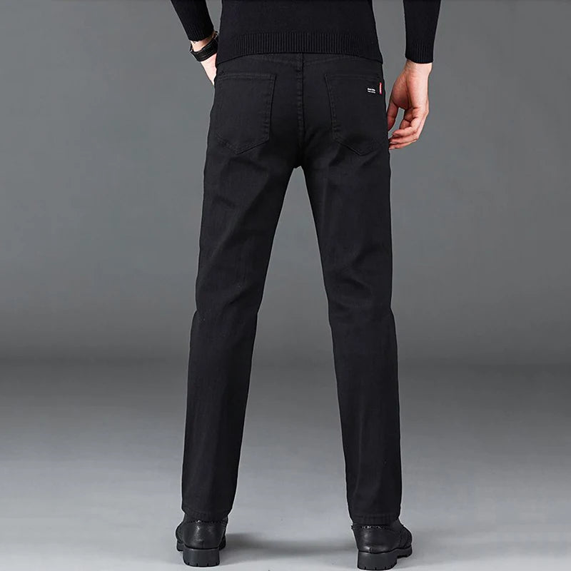 Men Business Denim Pants Male Classic Casual Straight Leg Slim Fit Trousers Elastic Solid Smoke Gray Pants