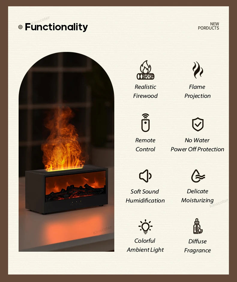 Simulated Fireplace Aroma Diffuser Essential Oil Flame Air Humidifier Remote Control Colorful Ambiance Night Light Creative Gift.