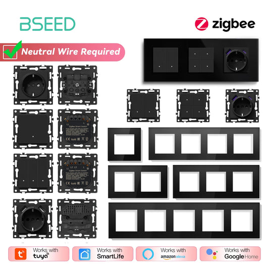 BSEED Zigbee-Schaltmodule Smart Click Lichtschalter Teile Schwarzer Glasrahmen DIY Kombination Wandsteckdosen USB-Anschluss E-Serie.