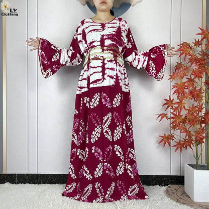 New Women Party Dress Dubai Muslim Summer Cotton Long Sleeve Collect Waist Boubou Maxi Islam Women Elegant Dress African Abaya.