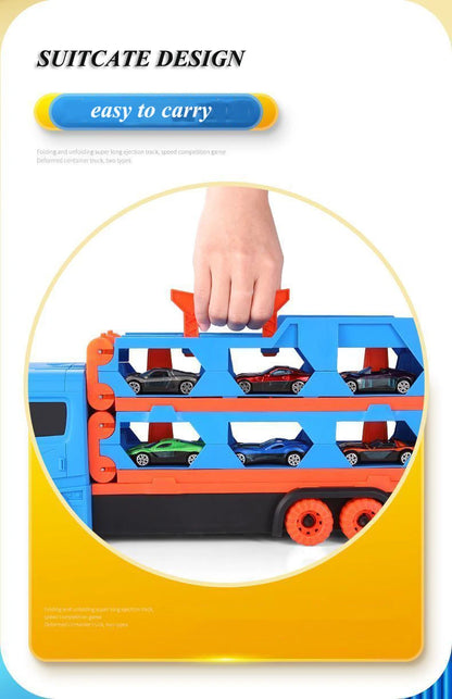 Large Car Transporter Truck Folding Track Racing Vehicle Kids Competitive Games Storage Alloy Car Boy Toy Children Novel Gift.