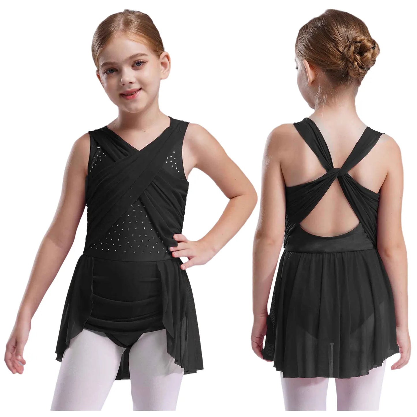 Kinder Mädchen Ärmellose Ausschnitt Strass Eiskunstlauf Trikot Kleid Lyrical Dance Gymnastik Akrobatik Leistung Kostüm