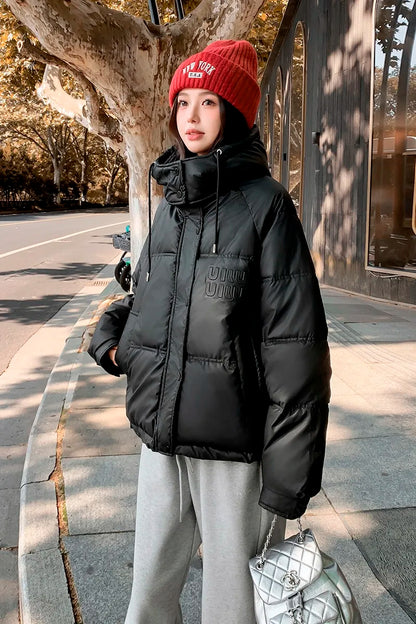 2024 Winter Neue frauen Unten Baumwolle Gefütterte Jacken Stilvolle Mit Kapuze Einfarbig Casual Verdicken Warme Lose anliegende kurze Mäntel