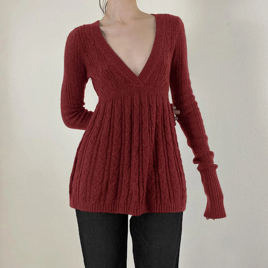 Y2K Zopfmuster-Pullover für Damen, weicher Pullover mit V-Ausschnitt, Tunika, solider A-Linien-Saum, langer Pullover, dehnbar, lässig für Herbst und Winter.