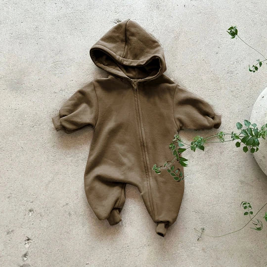 2024 Baby Kapuze Reiß verschluss Bodysuit Neugeborene Jungen und Mädchen Bergsteiger Anzug einfarbig Bodysuit Long Fit Sport Kletter anzug.