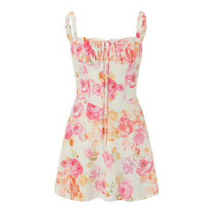 Combhasaki Damen-Kleid, elegant, Blumendruck, tief ausgeschnitten, zum Binden, ärmellos, Cami, figurbetont, Korsett, kurzes Kleid, Sommer, rückenfrei, Party, Clubwear