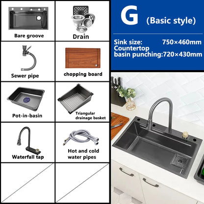 Waterfall Sink Kitchen Stainless Steel Topmount Sink Large Single Slot Wash Basin With Multifunction Touch Waterfall Faucet