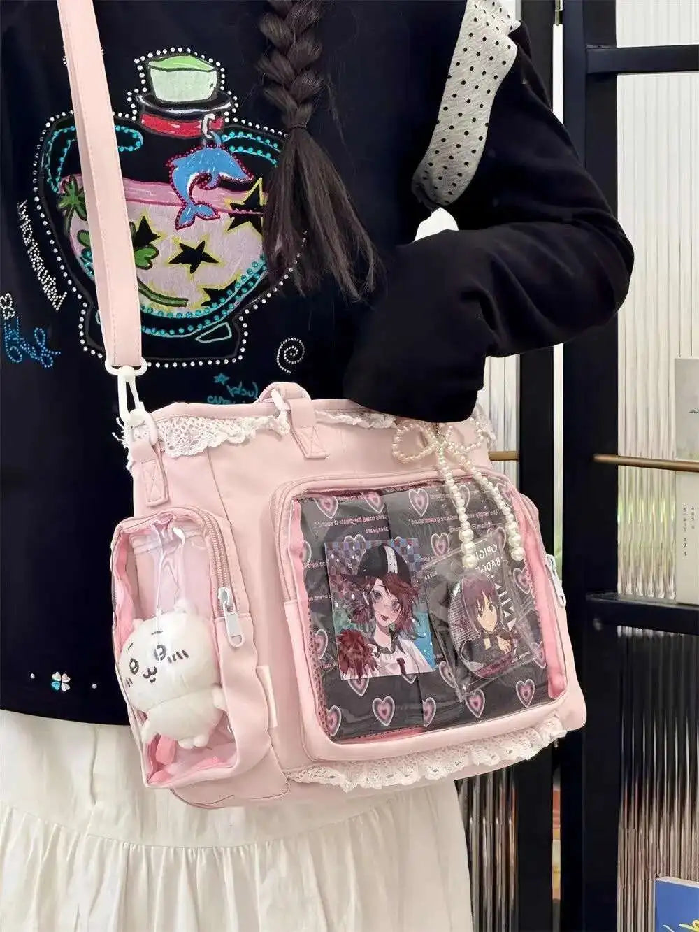 New Y2K Cute Japanese Ita Bag Lolita Girl Transparent Shoulder Tote Bag Large Capacity Crossbody Casual Bag DIY Display Handbags