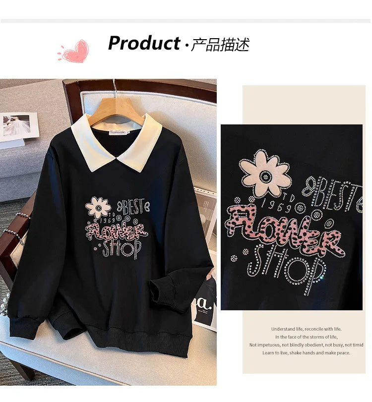 175kg plus size Damen büste Frühling Herbst lose Kragen bedruckt Langarm Sweatshirt schwarz rosa 4xl 5xl 6xl 7xl 8xl 9xl.