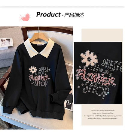 175kg plus size Damen büste Frühling Herbst lose Kragen bedruckt Langarm Sweatshirt schwarz rosa 4xl 5xl 6xl 7xl 8xl 9xl.