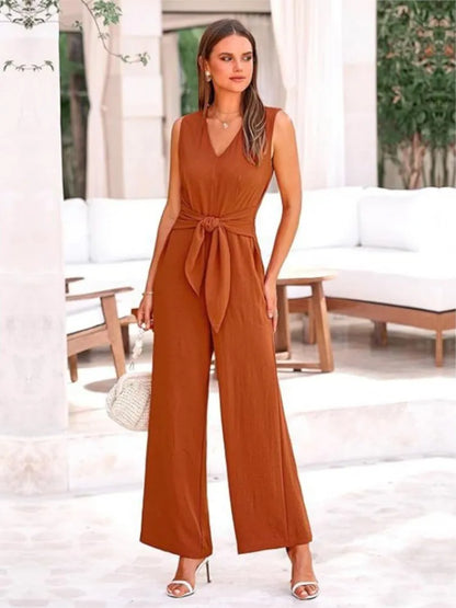 Summer High Waist Lace-up Jumpsuits Women 2025 New Sleeveless V-neck Side Pocket Solid Casual Jumpsuit Office Ladies Rompers.