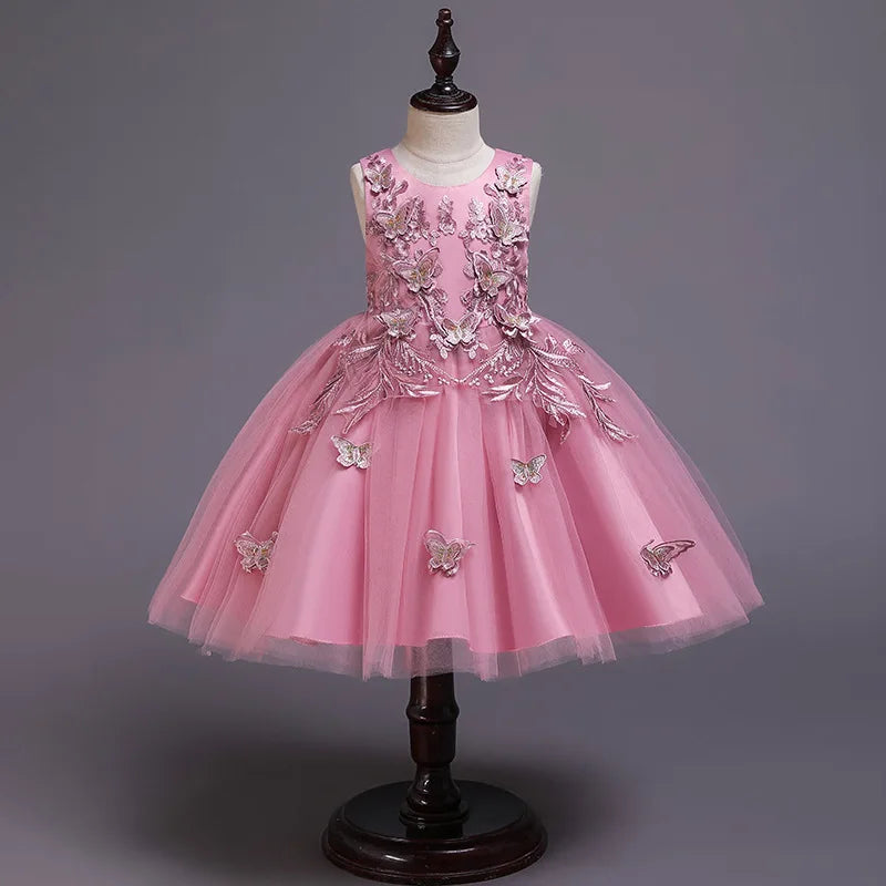 Elegantes Kleid für Mädchen, Abend, Hochzeit, Schmetterlingsapplikationen, Netzstoff, Prinzessinnenkleid für Kinder, Geburtstagsfeier, Abschlussball, Performance-Kleid.