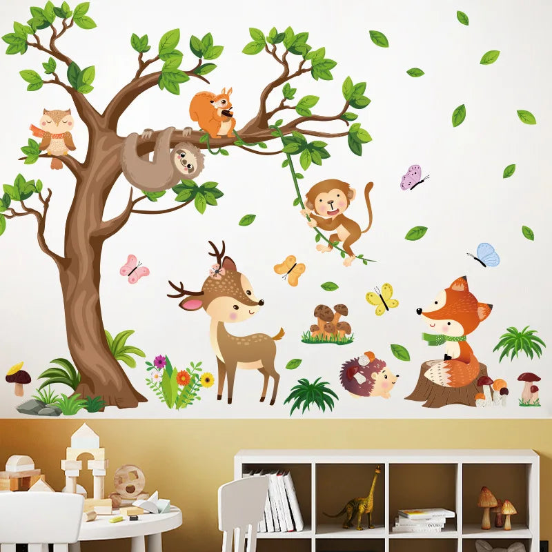 Cartoon tree deer fox monkey sticker for living room kids room decoration self adhesive wall decor.