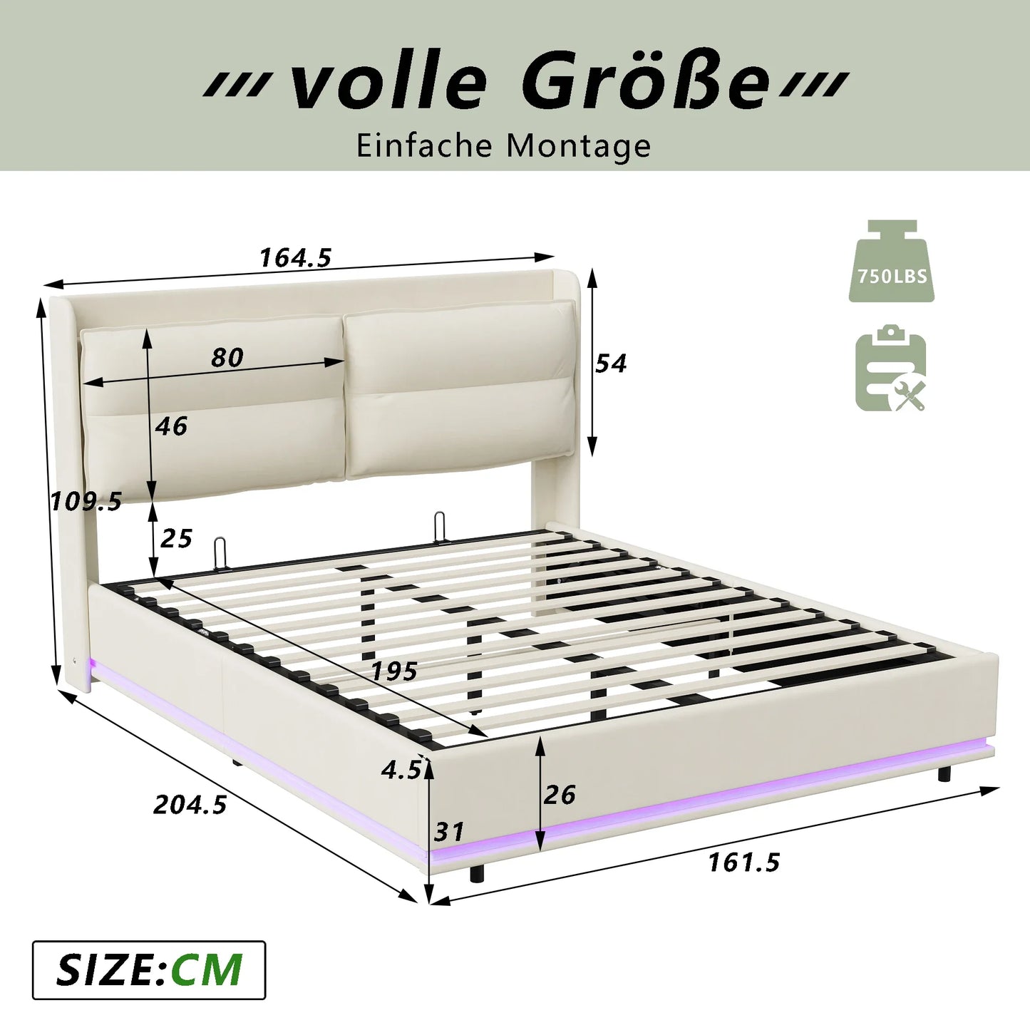 Lazyspace gepolstertes Doppelbett mit LED-Licht, Bettgestell 160 x 200 cm, Druckbett mit Lattenrost aus Holz, ohne Matratze