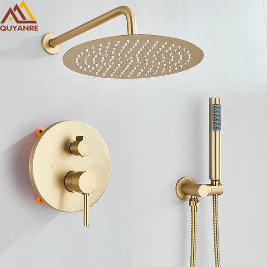 Brushed Gold Shower Faucets Set Rainfall Shower System Concealed Hot Cold Water Mixer Tap Bathroom Round Shower Faucet