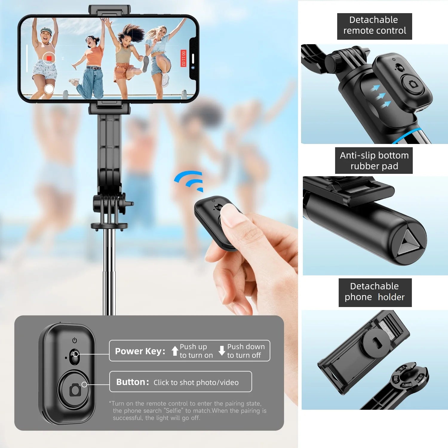Wireless Selfie Stick Tripod Stand with Bluetooth Remote 42" Extendable Phone Tripod for iPhone Samsung Huawei Video Recording.