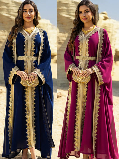 Eid Frauen Abaya Kleid Muslim 2-teiliges Set Strickjacke mit Innenkleid Schnürmantel Kaftan Robe Jalabiya Ramadan Marokko Kaftan 2025.