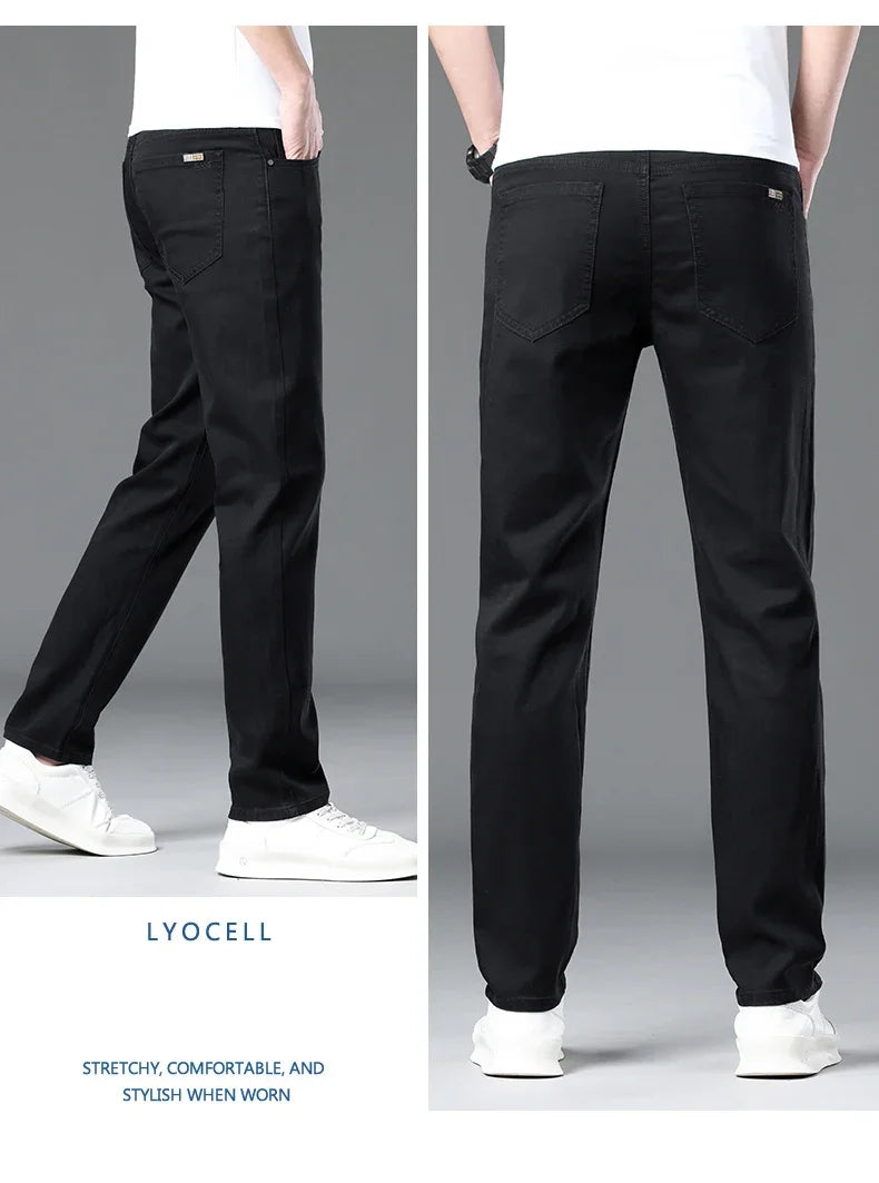 Summer Lyocell Ultra-thin Jeans Men Straight Stretch Breathable Denim Pants Fashion Business Casual Male Trousers Black Gray.