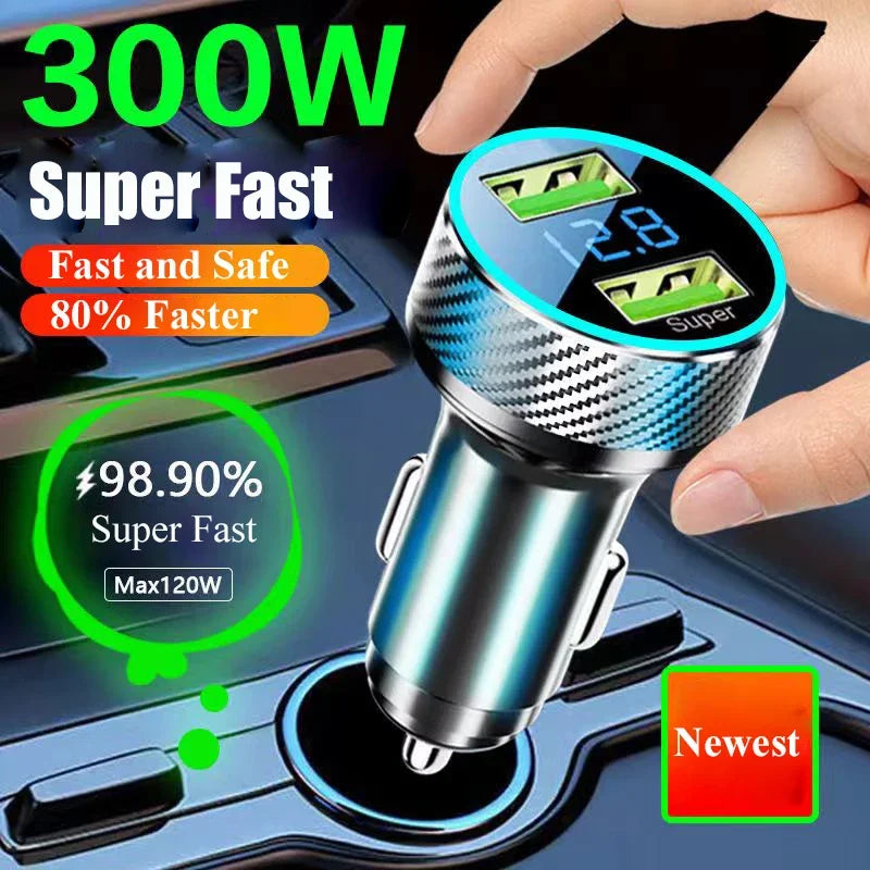 2 in 1 USB Car Charger Adapter 300W Super Fast Charge with Voltage Monitor for iPhone Samsung iPad Huawei Oneplus OPPO VIVO.