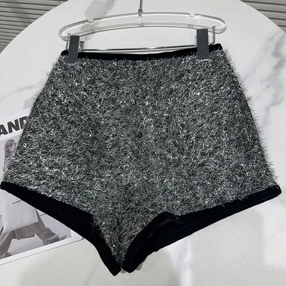 Trendy Women's Solid Color Bright Silk Woolen Shorts 2024 Autumn Fashion New Items High Waist Short Pants Female.