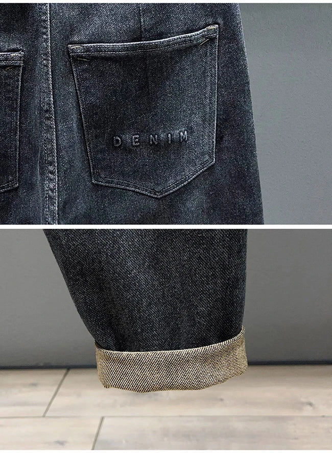 Tapered Jeans for Men's Clothing Autumn New Fashion Embroidered Korean Harem Pants Casual Stretch Black Denim Trousers.