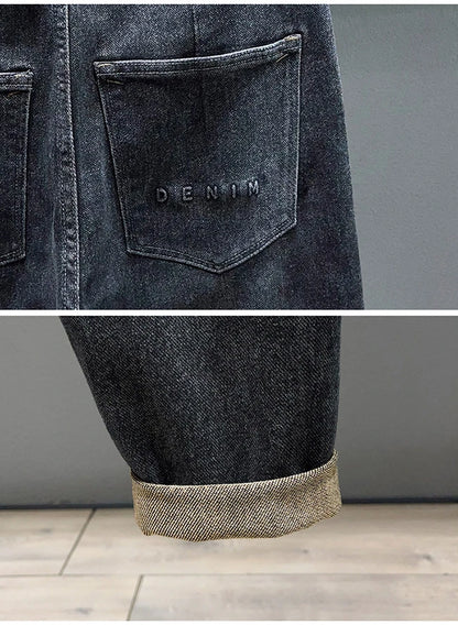 Tapered Jeans for Men's Clothing Autumn New Fashion Embroidered Korean Harem Pants Casual Stretch Black Denim Trousers.