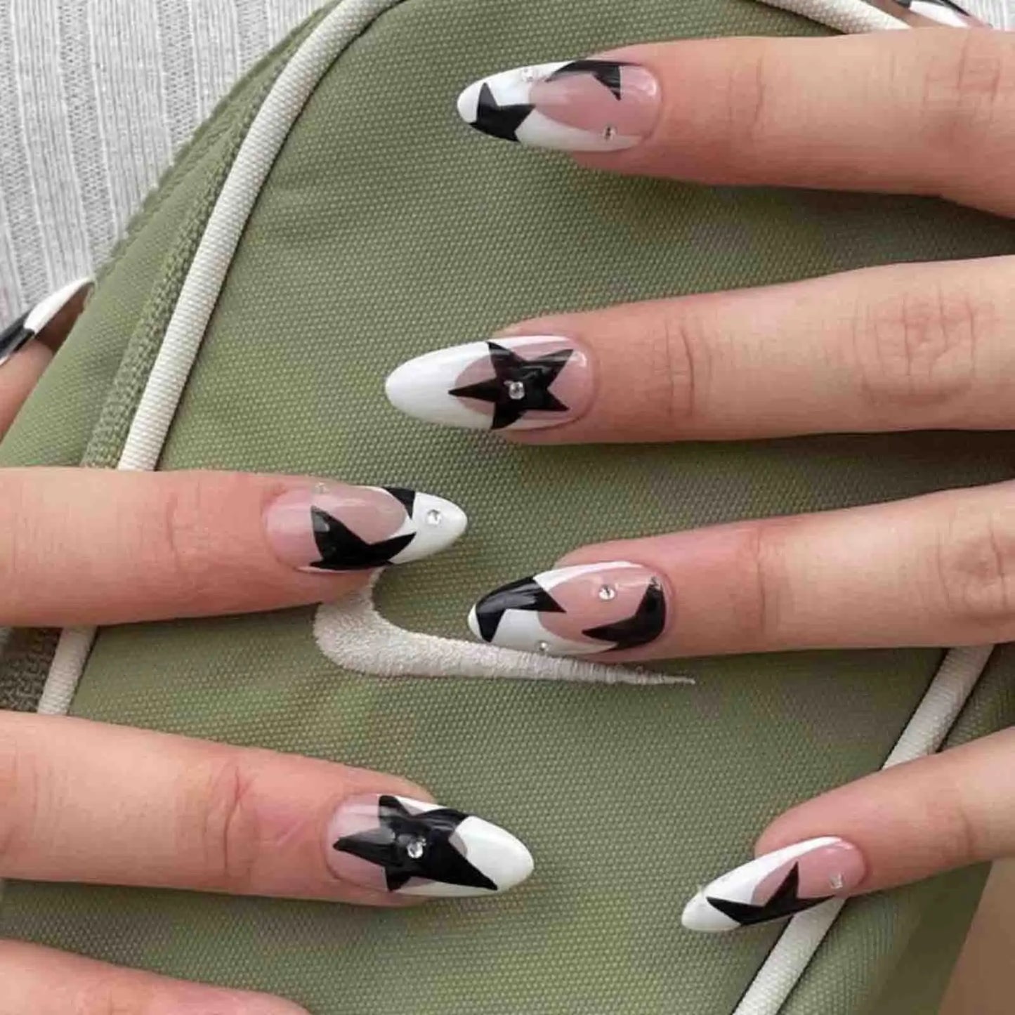Short Square Fake Nails Y2K Style Nails Press on White/Black French Tips Star Diamond Designs False Nails for y2k Girls 24Pcs.
