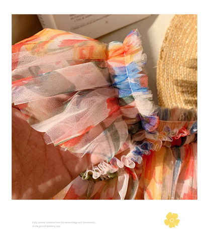 2023 sommer Kinder Kleidung Puff Sleeve Blumen Druck Kleid Für Mädchen Mesh Kinder Kleid für Mädchen.