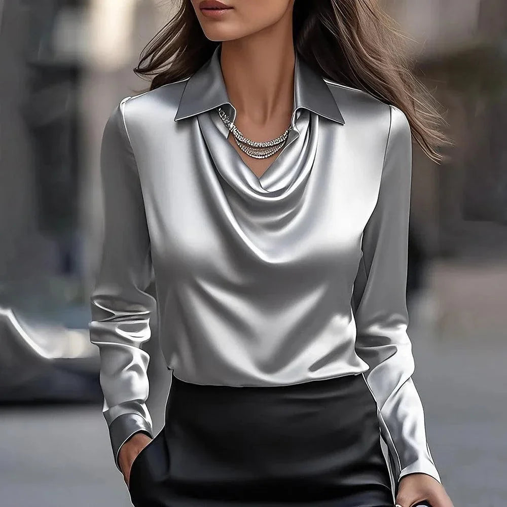 All-match Satin Finish Shirts And Blouses Women Clothing Print Top Casual Long Sleeve Button Elegant Shirts French Solid Blouses.