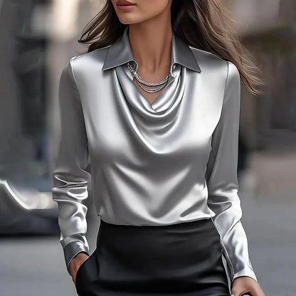 All-match Satin Finish Shirts And Blouses Women Clothing Print Top Casual Long Sleeve Button Elegant Shirts French Solid Blouses.