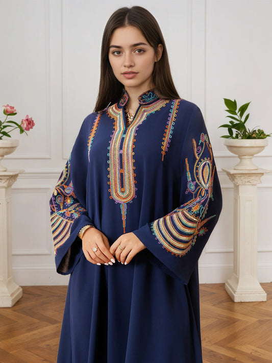New Dubai Luxury Navy Blue Muslim Abaya Colorful Intricate Embroidery on Neckline Sleeves for Middle Eastern Weddings End Iftar.