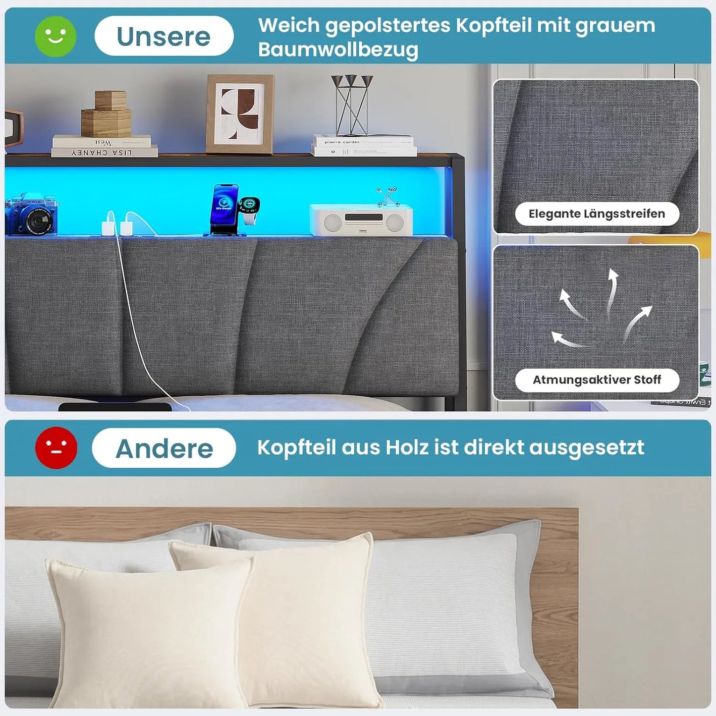 Metallbettgestell 140 x 200 cm mit LED-Beleuchtung, Kopfteil und Ladestation, integriertes Metallbett 140 x 200 mit Gitterbraten