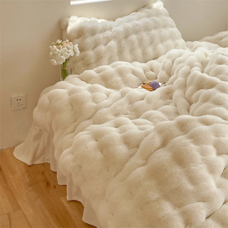 Luxury Faux Rabbit Fur Velvet Fleece Plush Soft Warm Bedding Set Super Comfortable Duvet Cover Set Blanket Bed Sheet Pillowcases