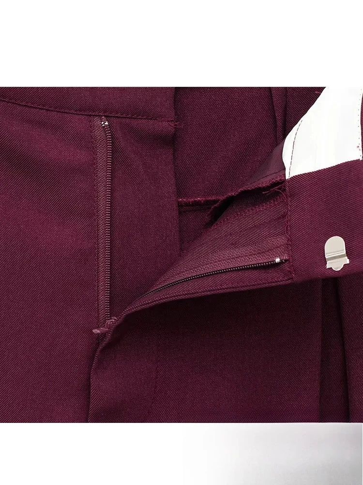 KONDALA Vintage Chic Office Lady Red Solid Women Suit Notched Single Button Pockets Blazer Straight Loose Pants Fashion 2025 Set.