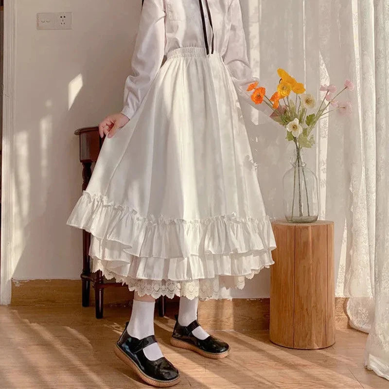 Fashion Sweet Midi Skirt Women Lace Patchwork Bow Preppy Fall Loose Casual Skirts Japanses Ruffle High Waist Solid Chic Skirt.