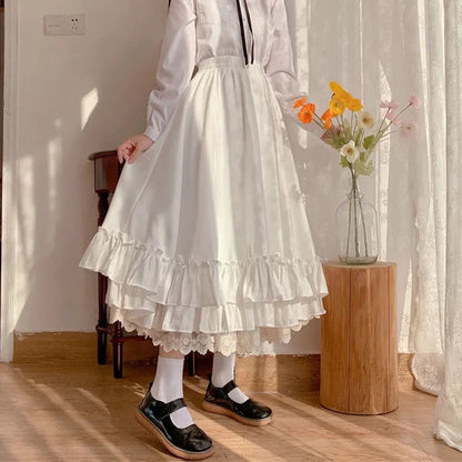 Fashion Sweet Midi Skirt Women Lace Patchwork Bow Preppy Fall Loose Casual Skirts Japanses Ruffle High Waist Solid Chic Skirt.