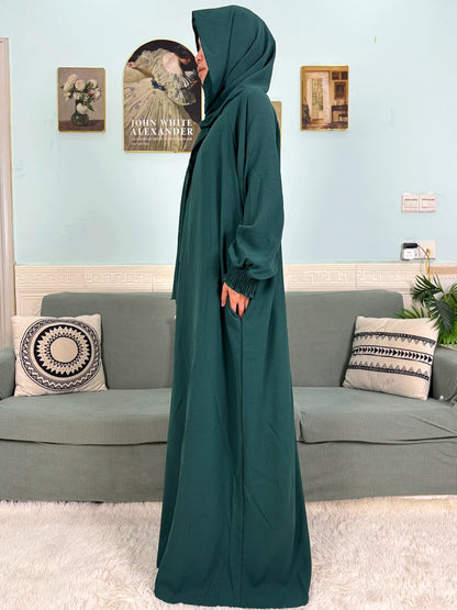 Muslim Abaya Ramadan 2025 For Women Pure Cotton Loose Prayer Femme Robe Elastic Cuffs African Dress With Connected Hijabs Scarf
