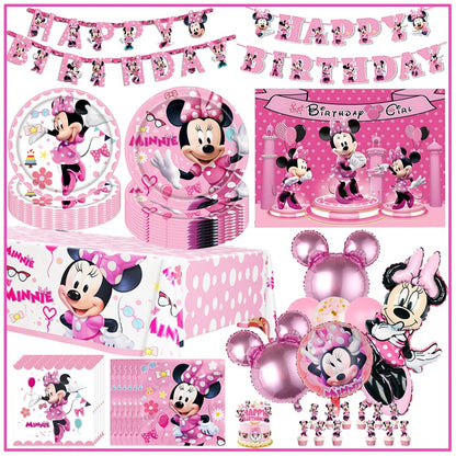 Disney Minnie Mouse Birthday Party Decoration Pink Minnie Paper Cups Plates Napkin Tablecloth Tableware Balloosn Baby Shower Kid.
