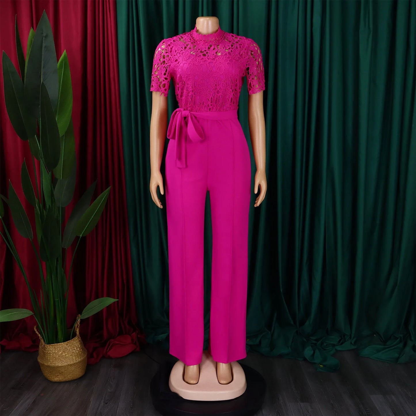 Elegant Jumpsuits & Rompers for Women O Neck Lace Patchwork Short Sleeve Sashes High Waisted Luxury Birthday Party Dinner Outfit.