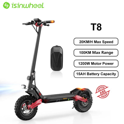 Isinwheel T8 Foldable Adult Electric Scooter E-Scooter 20 km/h Electric Kick Scooter 1200W Skateboards 48V 15Ah Kickboard.