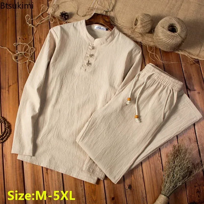 2025 Chinese Style Cotton Linen Casual Suits Spring Autumn Men's Long-sleeved Shirt and Pants Two-pieces Fashion Men Sets M-5XL.