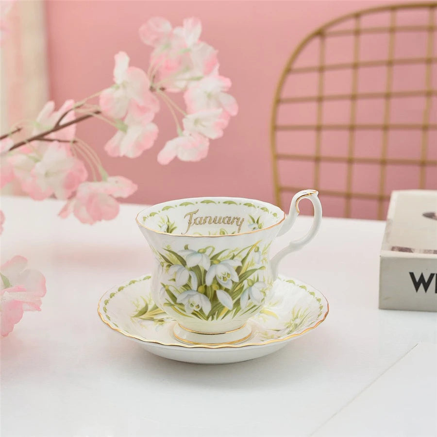 Coffee Cup and Saucer Set Month Flower Mug Bone China Drinking Set Ceramic Cup and Saucer Home Teacup Dessert Saucer Gifts.