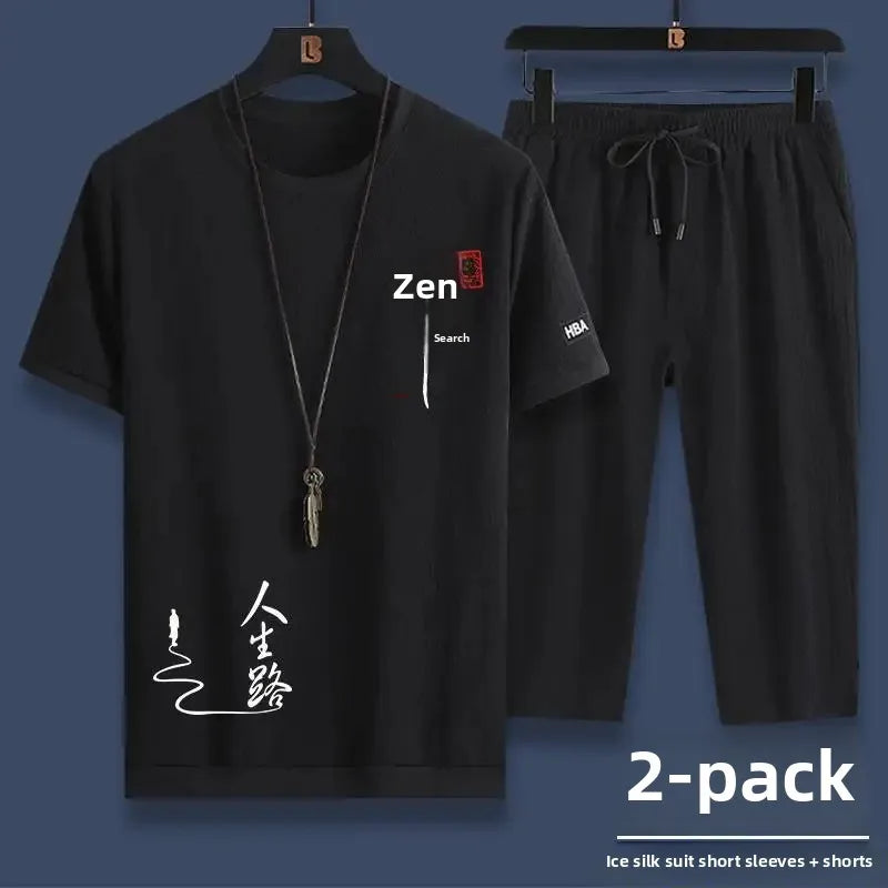 Summer Casual Ice Silk Short Sleeve T-Shirt Shorts Set for Men Fashionable Two-Piece Outfit Lightweight Sportswear Combo.